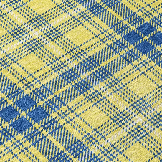8' Yellow Blue And Ivory Round Plaid Washable Indoor Outdoor Area Rug Photo 7