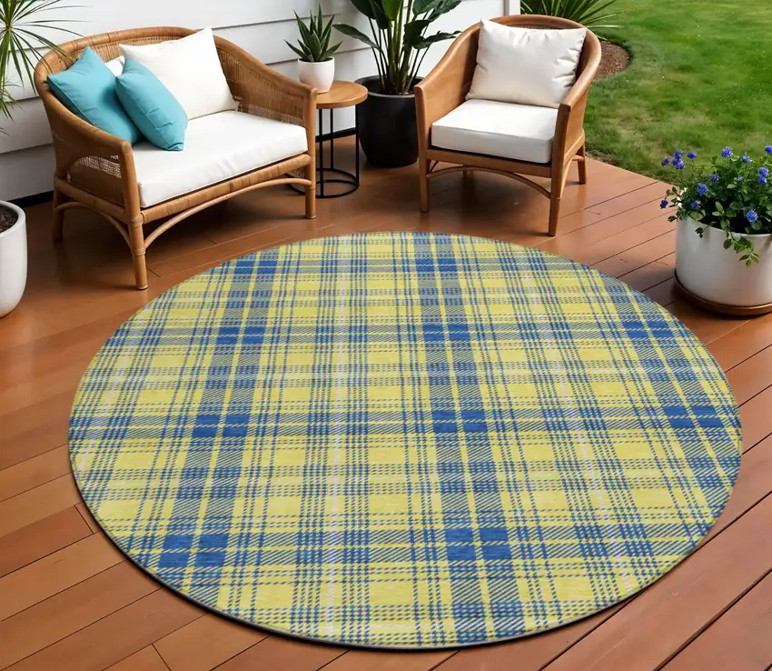8' Yellow Blue And Ivory Round Plaid Washable Indoor Outdoor Area Rug Photo 1