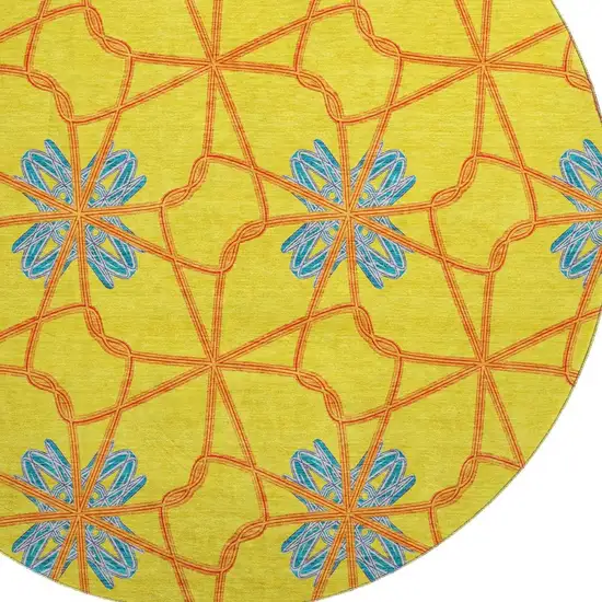 8' Yellow Blue And Red Geometric Washable Round Rug With UV Protection Photo 2