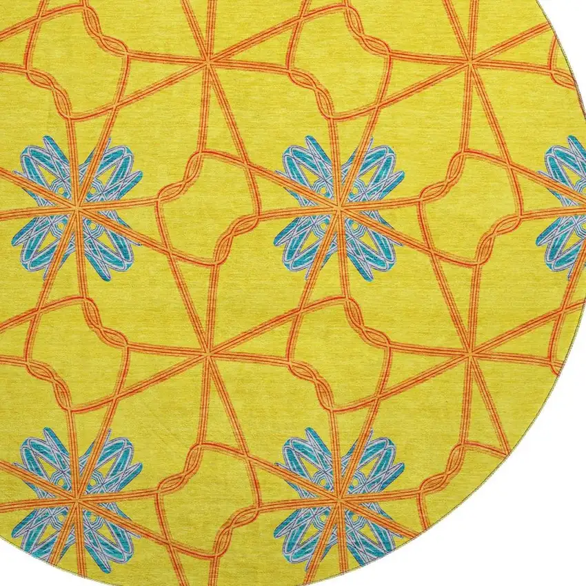 8' Yellow Blue And Red Geometric Washable Round Rug With UV Protection Photo 2
