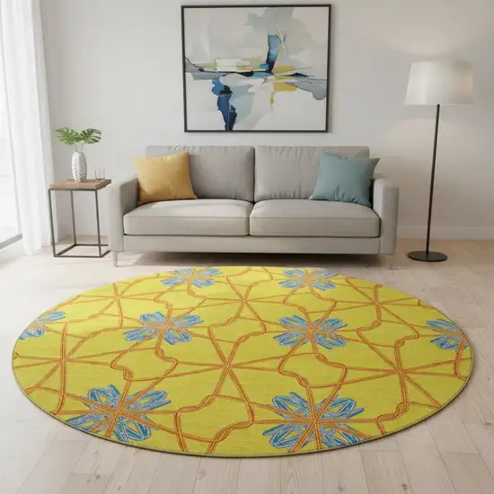 8' Yellow Blue And Red Geometric Washable Round Rug With UV Protection Photo 2