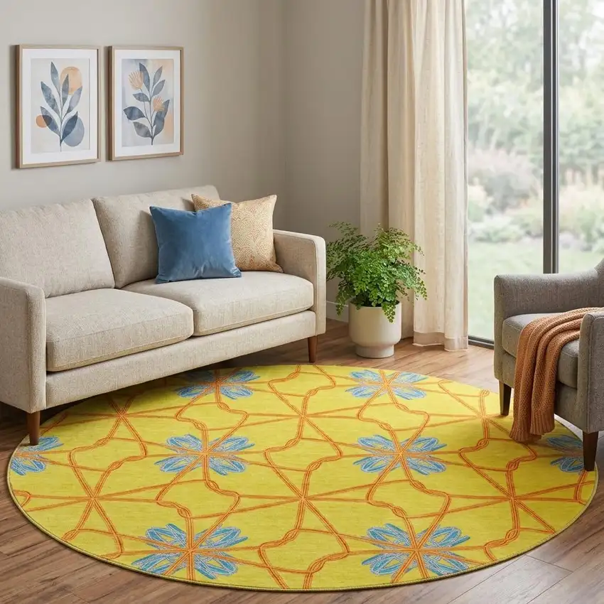 8' Yellow Blue And Red Geometric Washable Round Rug With UV Protection Photo 1