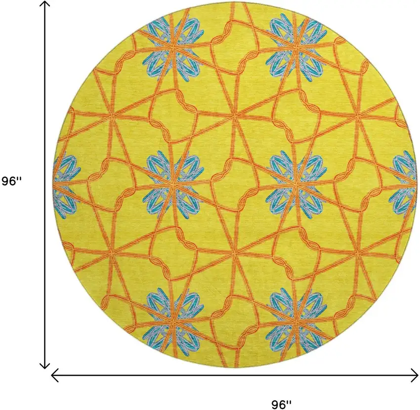 8' Yellow Blue And Red Geometric Washable Round Rug With UV Protection Photo 9