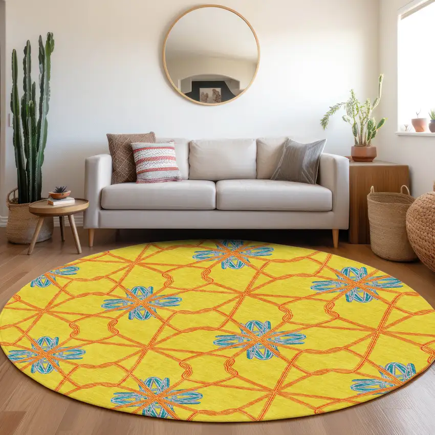 8' Yellow Blue And Red Geometric Washable Round Rug With UV Protection Photo 4