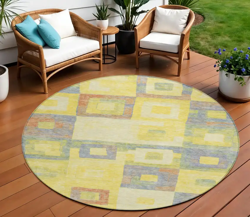 8' Yellow Blue And Terra Cotta Round Geometric Washable Indoor Outdoor Area Rug Photo 1