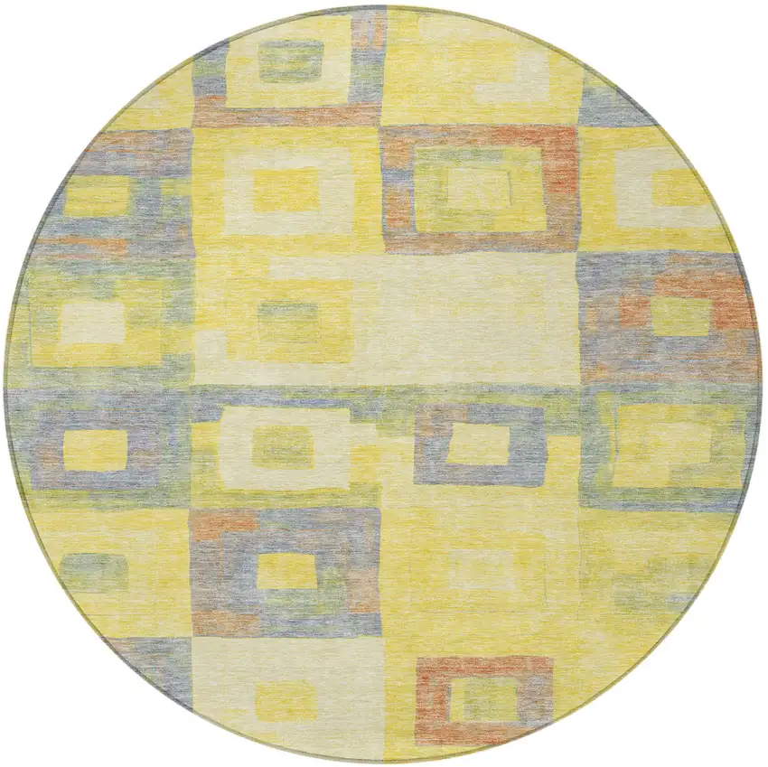 8' Yellow Blue And Terra Cotta Round Geometric Washable Indoor Outdoor Area Rug Photo 6