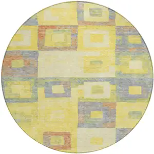 Photo of 8' Yellow Blue And Terra Cotta Round Geometric Washable Indoor Outdoor Area Rug