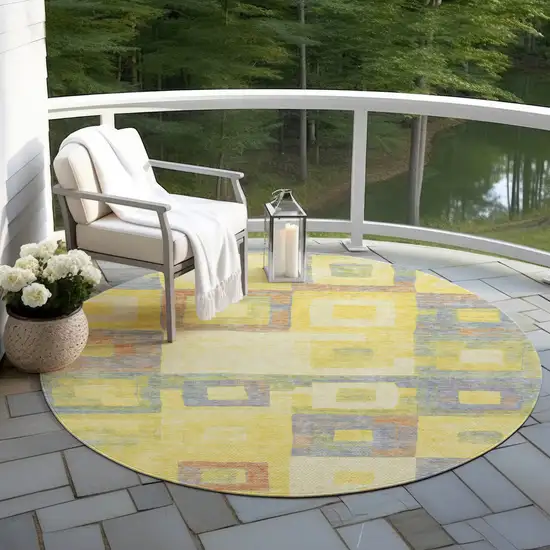 8' Yellow Blue And Terra Cotta Round Geometric Washable Indoor Outdoor Area Rug Photo 7