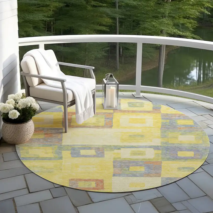 8' Yellow Blue And Terra Cotta Round Geometric Washable Indoor Outdoor Area Rug Photo 7