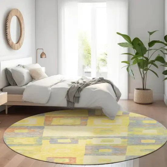 8' Yellow Blue And Terra Cotta Round Geometric Washable Indoor Outdoor Area Rug Photo 8