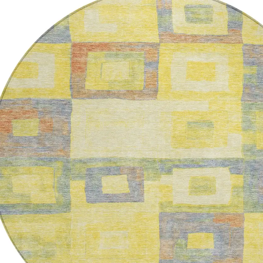 8' Yellow Blue And Terra Cotta Round Geometric Washable Indoor Outdoor Area Rug Photo 5