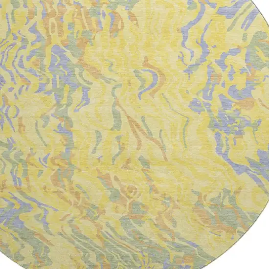 8' Yellow Copper And Blue Abstract Washable Round Rug With UV Protection Photo 2