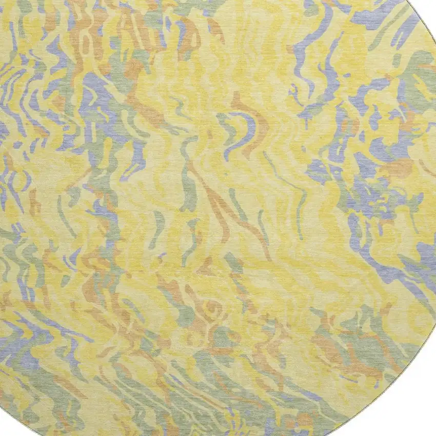 8' Yellow Copper And Blue Abstract Washable Round Rug With UV Protection Photo 2