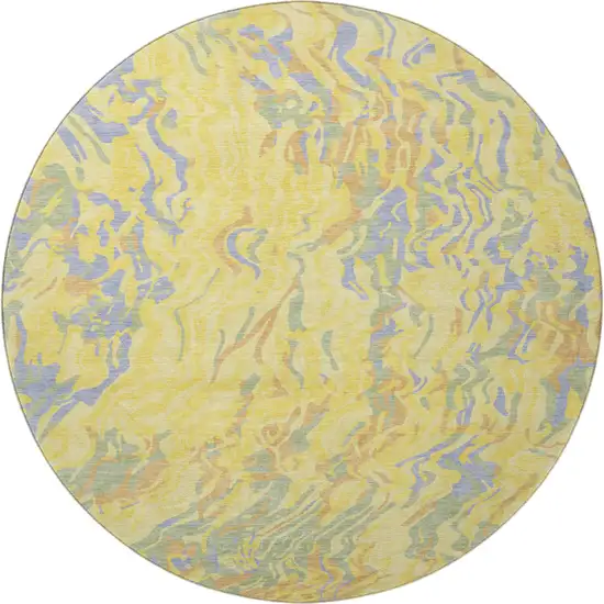 8' Yellow Copper And Blue Abstract Washable Round Rug With UV Protection Photo 3