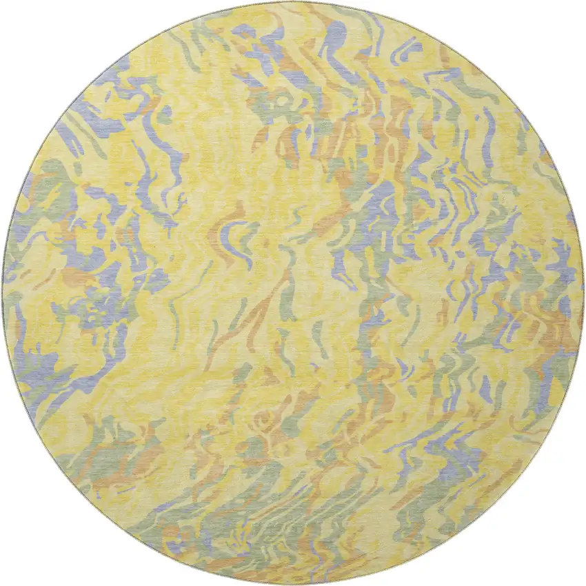 8' Yellow Copper And Blue Abstract Washable Round Rug With UV Protection Photo 3