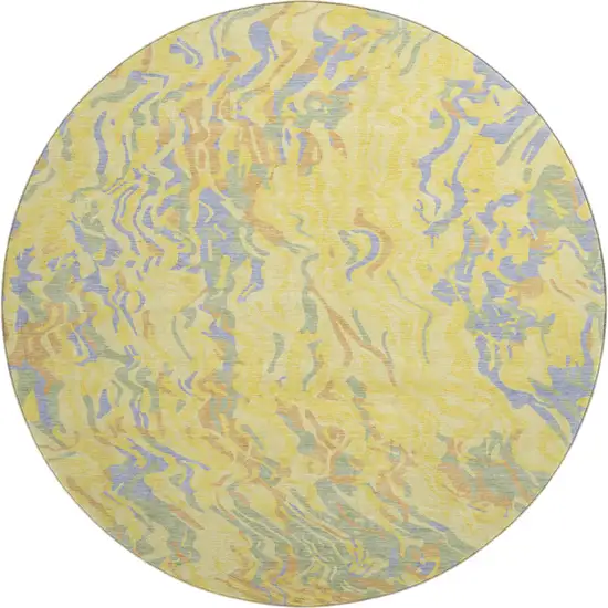 8' Yellow Copper And Blue Abstract Washable Round Rug With UV Protection Photo 1