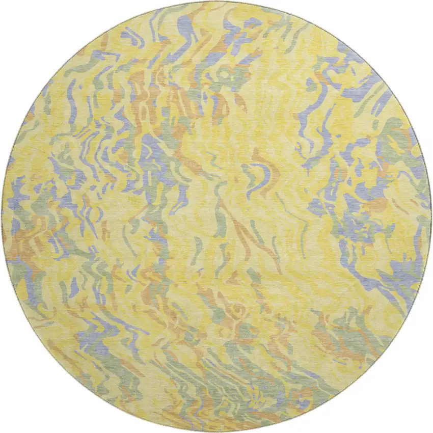 8' Yellow Copper And Blue Abstract Washable Round Rug With UV Protection Photo 1