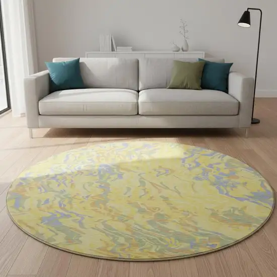 8' Yellow Copper And Blue Abstract Washable Round Rug With UV Protection Photo 2