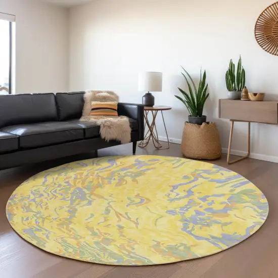 8' Yellow Copper And Blue Abstract Washable Round Rug With UV Protection Photo 4