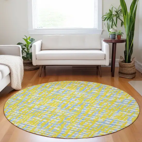 8' Yellow Denim Blue And Beige Round Abstract Washable Indoor Outdoor Area Rug Photo 8