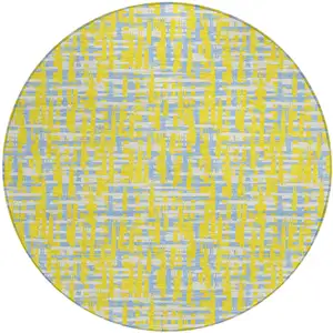 Photo of 8' Yellow Denim Blue And Beige Round Abstract Washable Indoor Outdoor Area Rug