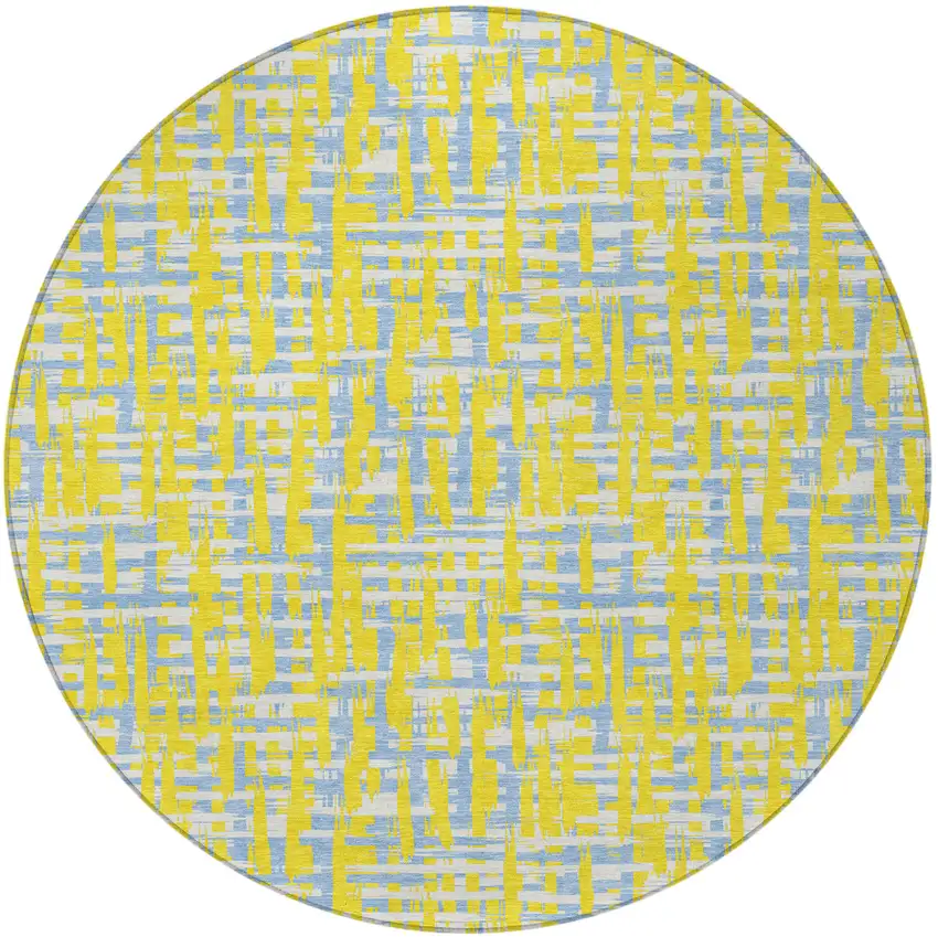 8' Yellow Denim Blue And Beige Round Abstract Washable Indoor Outdoor Area Rug Photo 6