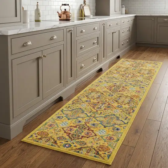 8' Yellow Floral Power Loom Runner Rug Photo 1
