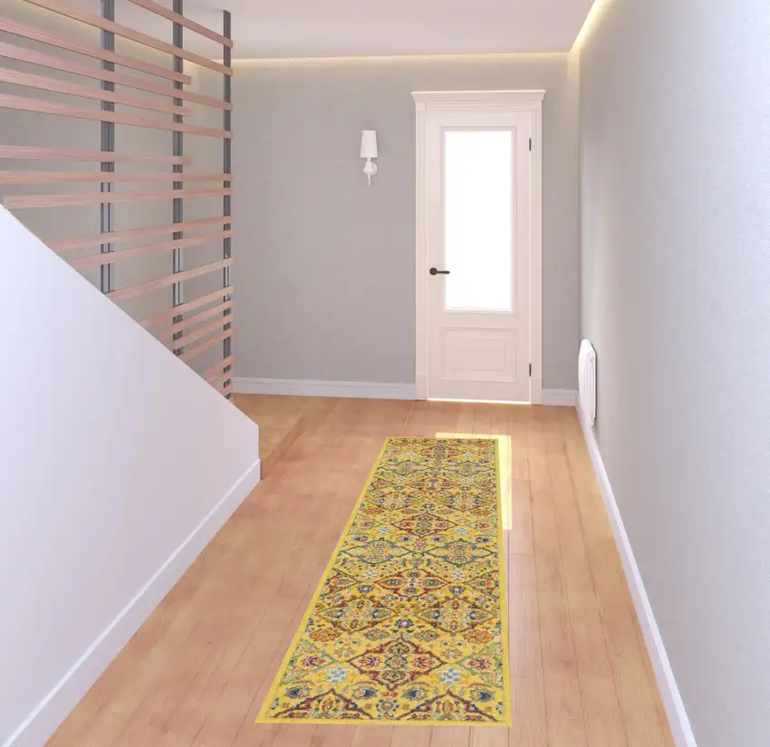 8' Yellow Floral Power Loom Runner Rug Photo 2