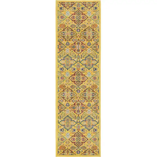 8' Yellow Floral Power Loom Runner Rug Photo 1