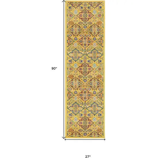 8' Yellow Floral Power Loom Runner Rug Photo 7