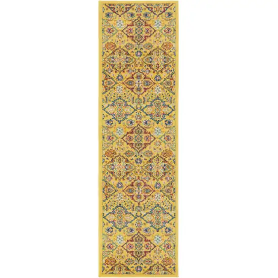 8' Yellow Floral Power Loom Runner Rug Photo 9
