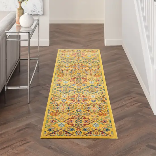 8' Yellow Floral Power Loom Runner Rug Photo 5