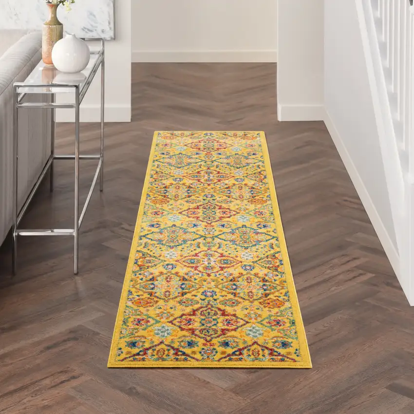 8' Yellow Floral Power Loom Runner Rug Photo 5