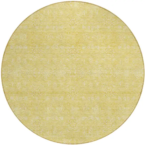 8' Yellow Gold And Ivory Round Floral Washable Indoor Outdoor Area Rug Photo 1