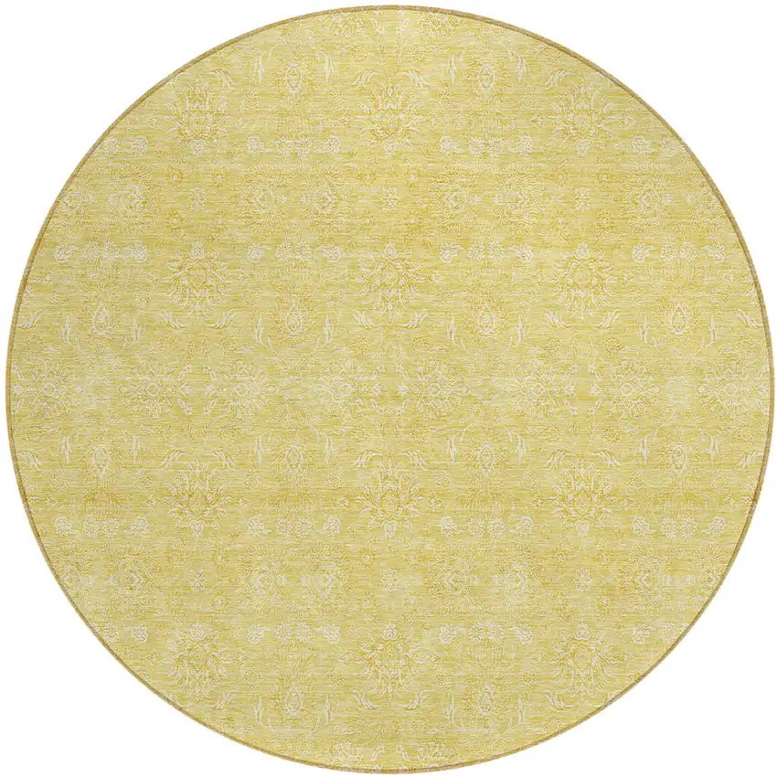 8' Yellow Gold And Ivory Round Floral Washable Indoor Outdoor Area Rug Photo 1