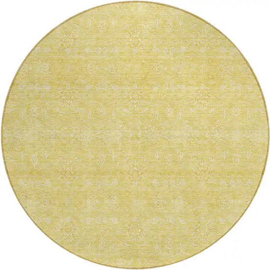 8' Yellow Gold And Ivory Round Floral Washable Indoor Outdoor Area Rug Photo 1