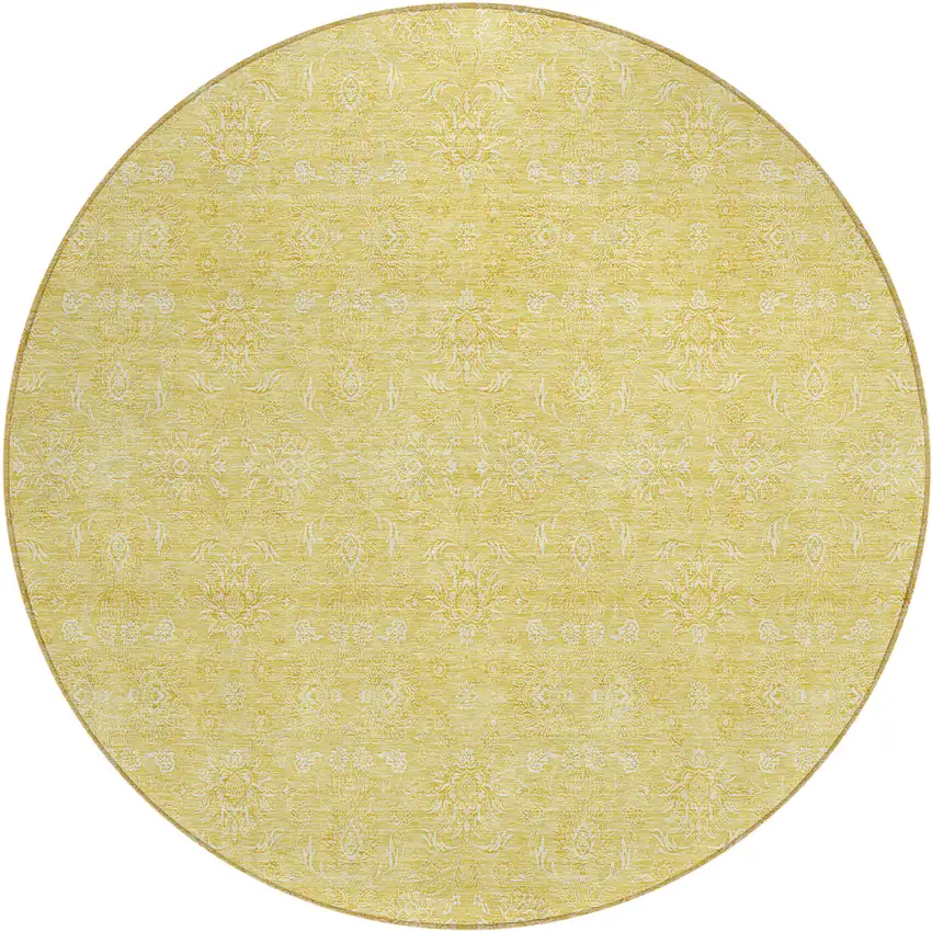 8' Yellow Gold And Ivory Round Floral Washable Indoor Outdoor Area Rug Photo 1