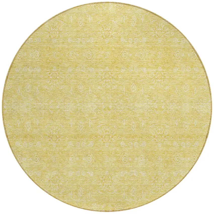 8' Yellow Gold And Ivory Round Floral Washable Indoor Outdoor Area Rug Photo 4
