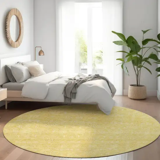 8' Yellow Gold And Ivory Round Floral Washable Indoor Outdoor Area Rug Photo 6