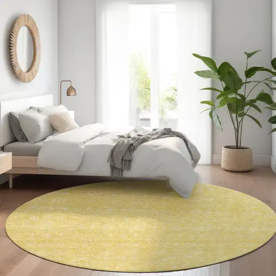 8' Yellow Gold And Ivory Round Floral Washable Indoor Outdoor Area Rug Photo 6