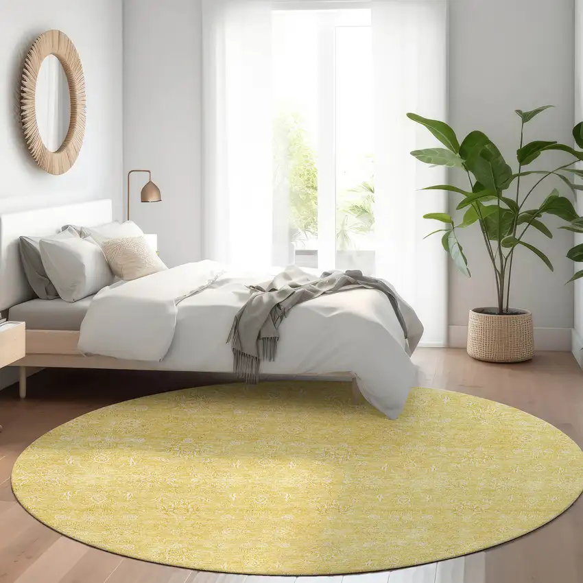 8' Yellow Gold And Ivory Round Floral Washable Indoor Outdoor Area Rug Photo 6