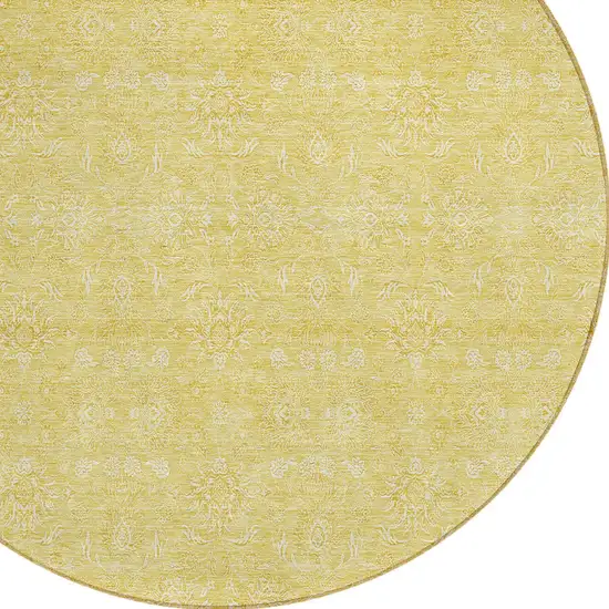 8' Yellow Gold And Ivory Round Floral Washable Indoor Outdoor Area Rug Photo 3