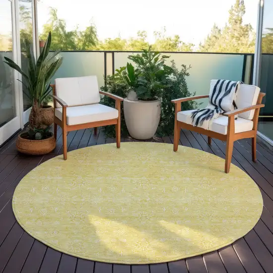 8' Yellow Gold And Ivory Round Floral Washable Indoor Outdoor Area Rug Photo 5