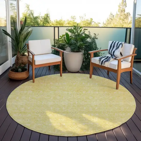 8' Yellow Gold And Ivory Round Floral Washable Indoor Outdoor Area Rug Photo 5
