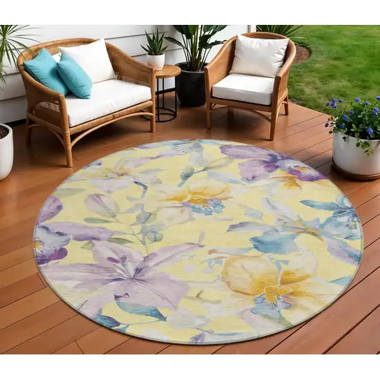 8' Yellow Gold And Lavender Round Floral Washable Indoor Outdoor Area Rug Photo 1