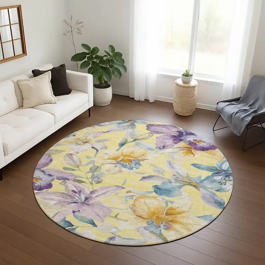 8' Yellow Gold And Lavender Round Floral Washable Indoor Outdoor Area Rug Photo 9