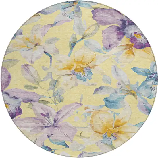8' Yellow Gold And Lavender Round Floral Washable Indoor Outdoor Area Rug Photo 2