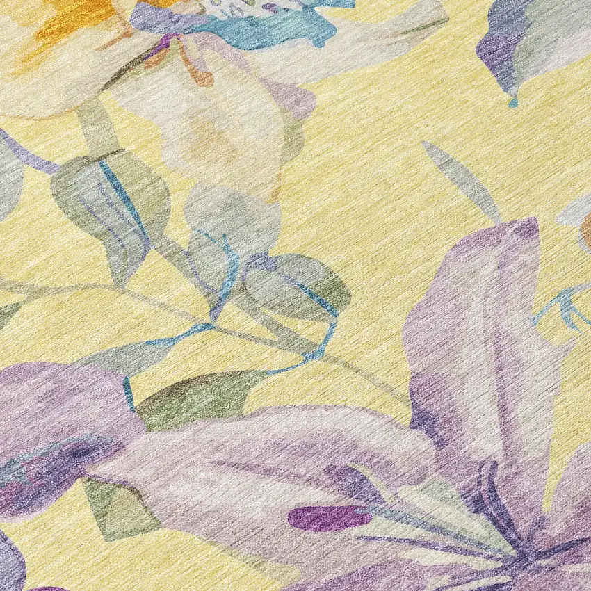 8' Yellow Gold And Lavender Round Floral Washable Indoor Outdoor Area Rug Photo 6