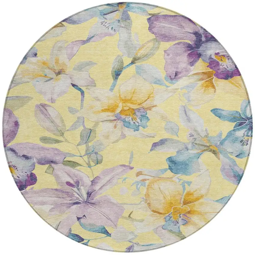 8' Yellow Gold And Lavender Round Floral Washable Indoor Outdoor Area Rug Photo 4
