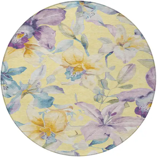 8' Yellow Gold And Lavender Round Floral Washable Indoor Outdoor Area Rug Photo 5